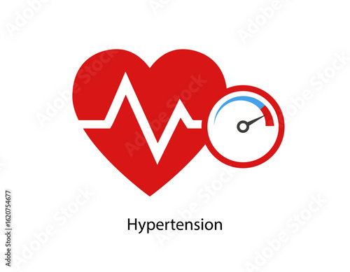 Hypertension icon. Medical icon of a heart and a tonometer showing high blood pressure. Vector illustration in a flat style isolated over white background