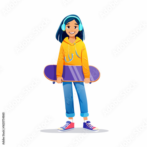 Teenager with Skateboard and Headphones: A stylish young woman with headphones and skateboard stands ready for adventure, embodies urban energy and youthful self-expression.
