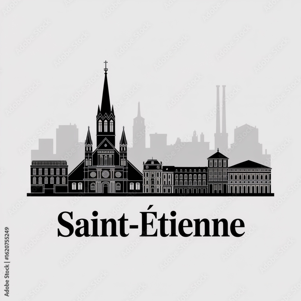 Naklejka premium Saint Etienne Skyline Silhouette - French Industrial Heritage City Vector Illustration