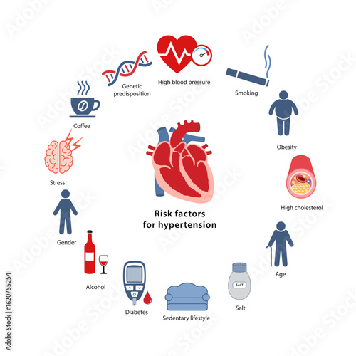 Risk factors for hypertension. Medical illustration with icons in a circle. Vector illustration in a flat style isolated over white background