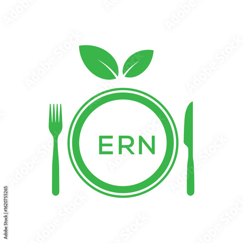 ERN Letter Logo. ERN Organic Food Logo with Plate, Fork, Knife, and Leaf Icon – Healthy Restaurant and Eco-Friendly Dining Design.
