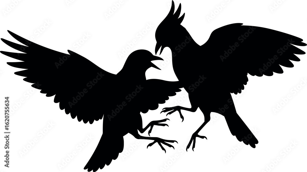Fototapeta premium Silhouette of two birds fighting wing spread