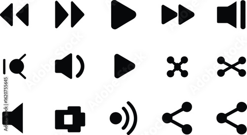 Black Multimedia Control Icons Set Collection on a White Transparent Background