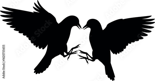 Silhouette of two crows facing each other with wings spread