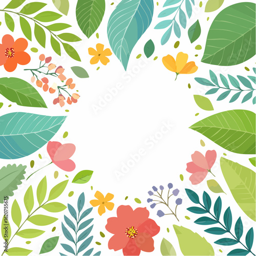 Floral Embrace: A vibrant array of colorful flowers and leaves create a circular frame, offering an open space within. The design evokes themes of freshness, growth, and natural beauty.