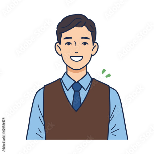 Illustration of a smiling young professional man in a shirt, tie, and vest. A friendly and approachable male character avatar.