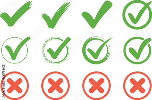 Checkmark and Cross Mark Icons Illustration, Green Approval Symbols and Red Rejection Marks