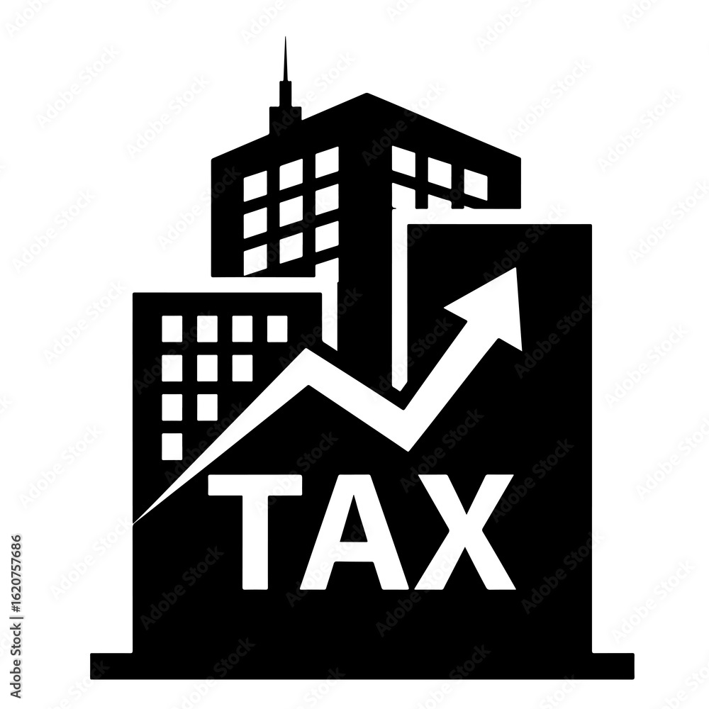 Fototapeta premium Flat Black Vector Silhouette of Building with Tax Symbol and Upward Arrow Representing Income Tax Simple Bold Design PNG