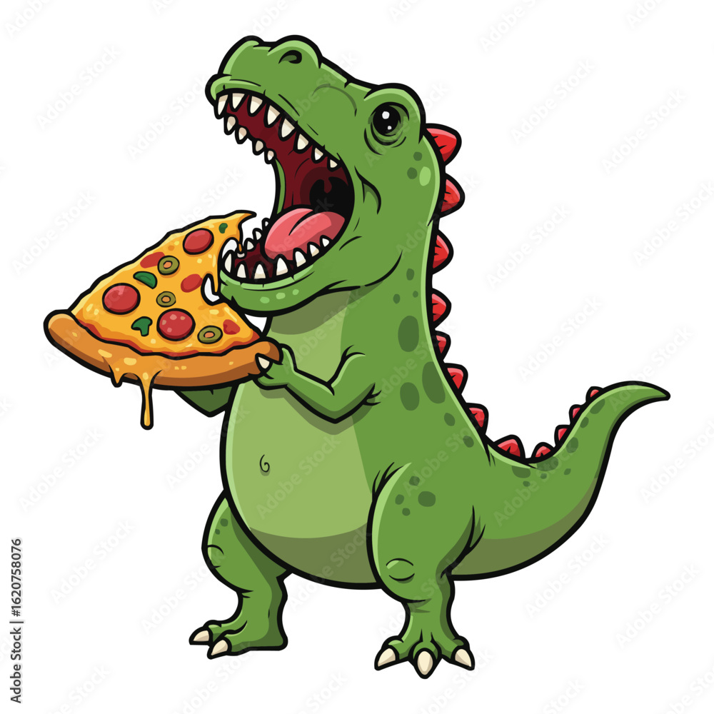 Fototapeta premium Green Dinosaur Devouring Pizza Slice Cartoon