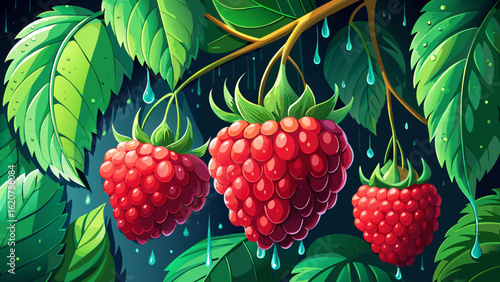 Fresh red raspberries hang delicately on a dark green leaf, shimmering with tiny raindrops. In this natural setting, soft focus enhances textures in a semi-realistic vector style.