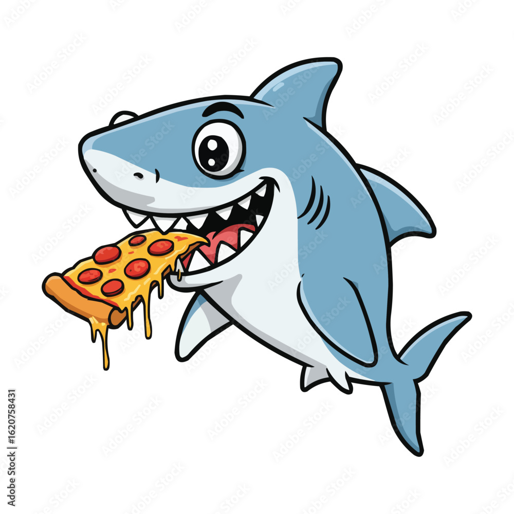 Naklejka premium Happy Shark Eating Pizza Slice Cartoon