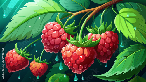 Fresh red raspberries hang delicately on a dark green leaf, shimmering with tiny raindrops. In this natural setting, soft focus enhances textures in a semi-realistic vector style.