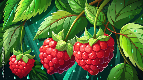 Fresh red raspberries hang delicately on a dark green leaf, shimmering with tiny raindrops. In this natural setting, soft focus enhances textures in a semi-realistic vector style.
