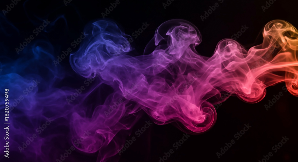Fototapeta premium Ethereal streams of vibrant multicolored smoke creating an abstract swirling pattern against a solid black background.