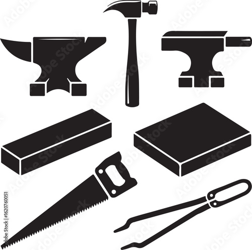 Metalworking Workshop Silhouette Icons – Anvil, Hammer, Vice Grip, Steel Beam, Sheet Metal, Cutting Saw, and Tongs