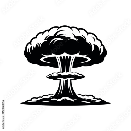 Black and white mushroom cloud explosion graphic with smoke and debris bomb nuclear