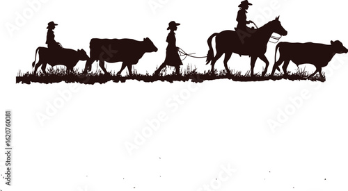 Silhouette of people and cattle walking across a field with white background in a rural setting