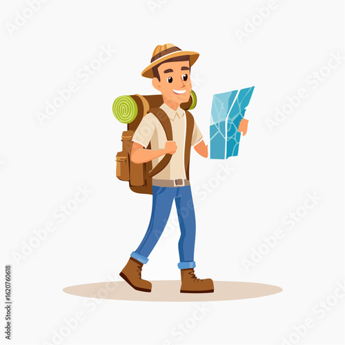 Adventurer's Voyage: A smiling adventurer embarks on a journey, map in hand, exploring uncharted territories with a backpack. Capturing the spirit of exploration.