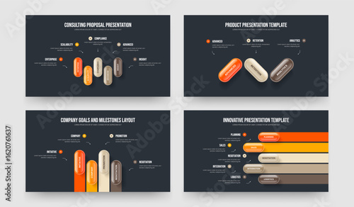 Visual Briefing 5 3 4 Step Infographic Slide Layout Collection. Financial Plan Five Three Four Element Diagram Slideshow Template Vector Illustration Set.