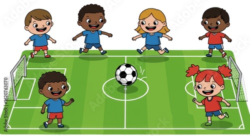 Six children play soccer on a green field with a black and white ball and soccer goals.