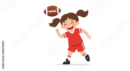 Happy girl in red sportswear joyfully playing with an American football.