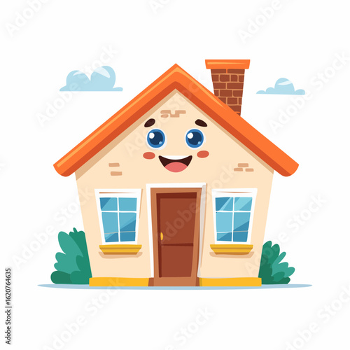 Cheerful House Illustration: A delightful cartoon house smiles amidst fluffy clouds, radiating joy and warmth with its welcoming facade. 