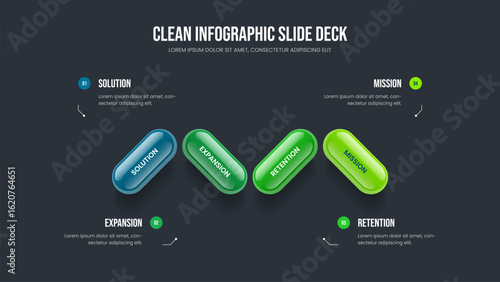 Product Introduction 4 Step Infographic Slide Template. Investor Innovation Four Element Diagram Slideshow Design. Modern Portfolio Presentation Layout Vector Illustration.