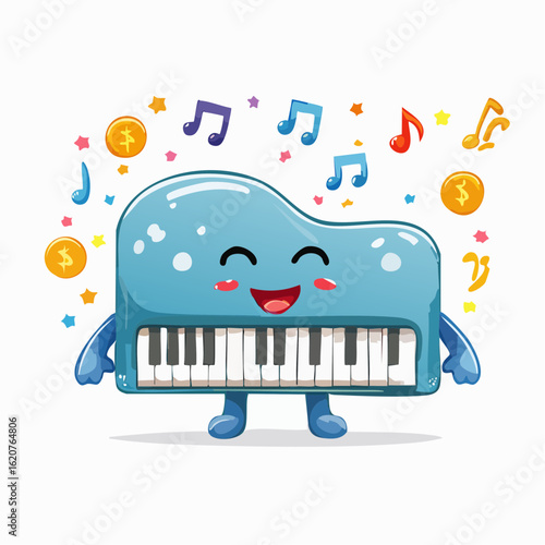 Smiling Piano Cartoon and Musical Notes: A cheerful, cartoon piano, complete with a friendly smile and musical notes, embodies the essence of musical fun, creation, and artistic expression.