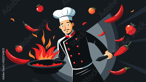 Chef cooking with chili peppers and fire