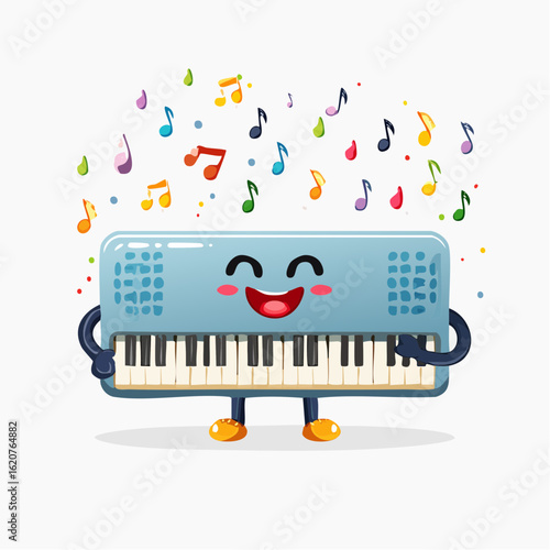 Cheerful Keyboard Melodies: A cute cartoon-style keyboard character, beaming with joy, produces a cascade of vibrant musical notes in a playful, colorful illustration.