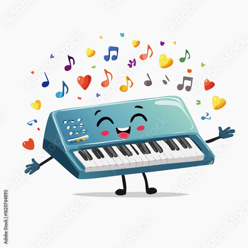 Joyful Synth: A cheerful animated synthesizer, radiating positive energy with musical notes and hearts. Capturing the spirit of sound, love and music