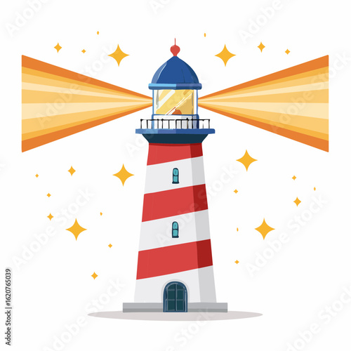 Beacon of Navigation: A striking lighthouse, with a red and white striped facade, stands tall against a starlit backdrop, its radiant beam slicing through the darkness. A beacon of hope.
