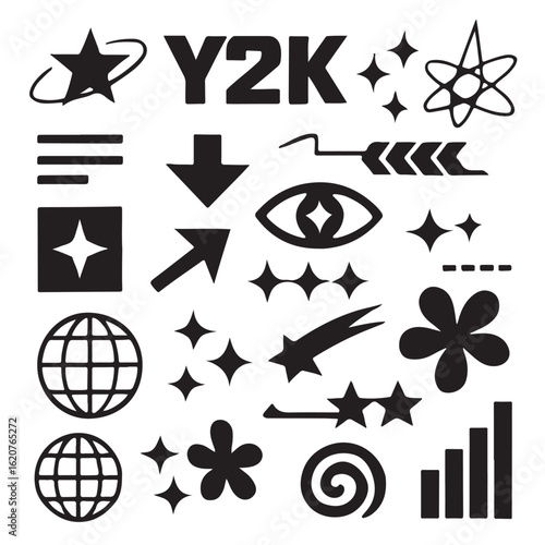 Y2k aesthetic graphic design elements and symbols for digital art and branding