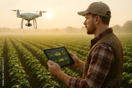 Man using tablet to control drone flying over green crops in farmland at sunrise, realistic photo style, showcasing modern smart farming technology