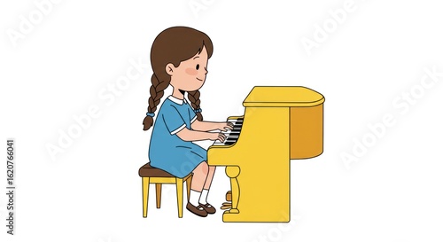 A young girl with pigtails happily plays a yellow piano.