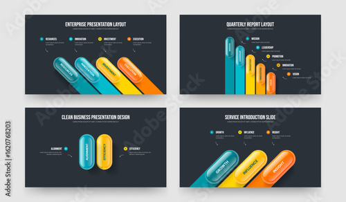 Marketing Overview 4 5 2 3 Element Diagram Presentation Layout Set. Corporate Proposal Four Five Two Three Step Infographic Frame Design Vector Illustration Bundle.
