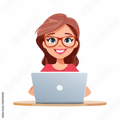 Smiling Woman working Laptop: A cheerful woman with glasses and long hair is engaged in focused work at her desk, the warm glow of the laptop screen illuminating her face.