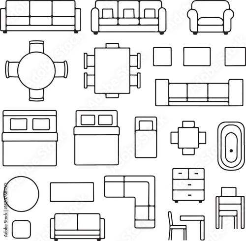 furniture top view floor plan icons set, thin line interior design elements