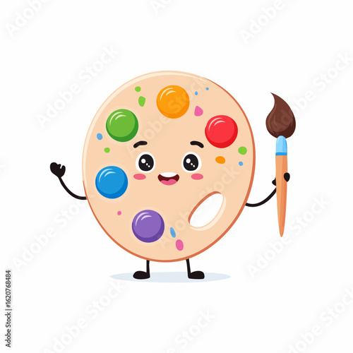 Whimsical Palette Character: A cheerful, anthropomorphic paint palette with a bright smile, holding a paintbrush, inviting the viewer to engage in a world of creativity and self-expression.