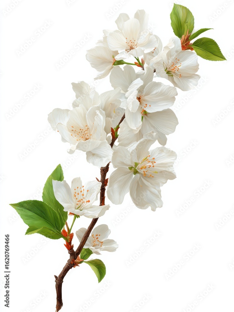 Fototapeta premium White flower branch with delicate blooms and a natural curve isolated on a white background