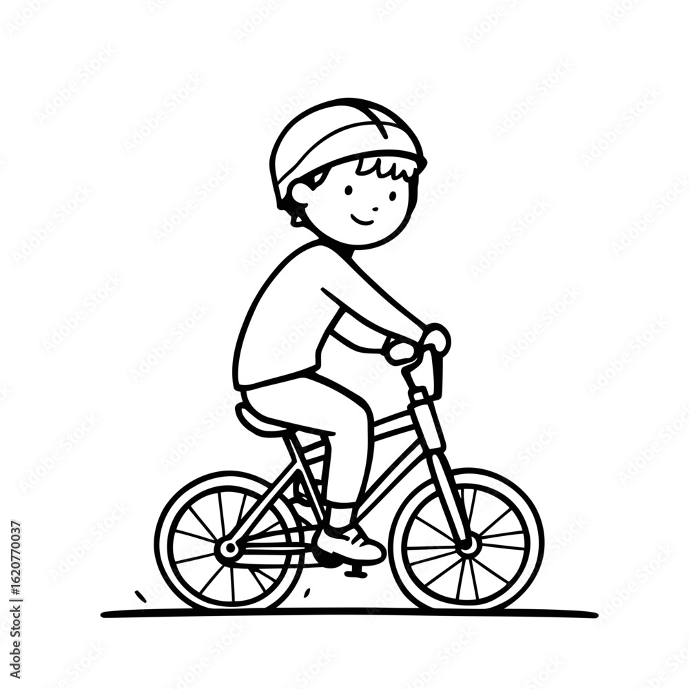 Fototapeta premium Vector silhouette illustration of a boy wearing a helmet, riding a bike