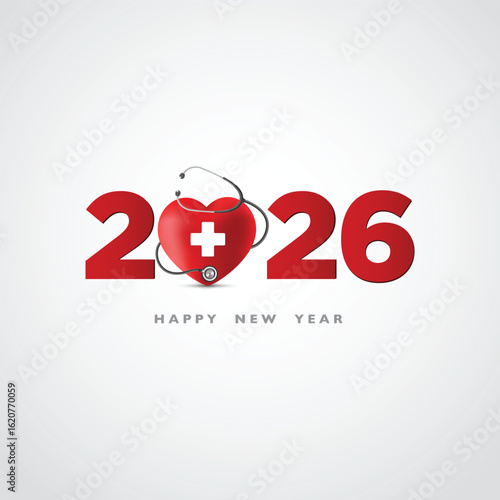 Red heard a medical sign with Stethoscope 2026 on a White background, Happy New Year for health care, Insurance, Wellness, creative medical concepts. Celebrate the new year 2026 with Doctors, Nurses 