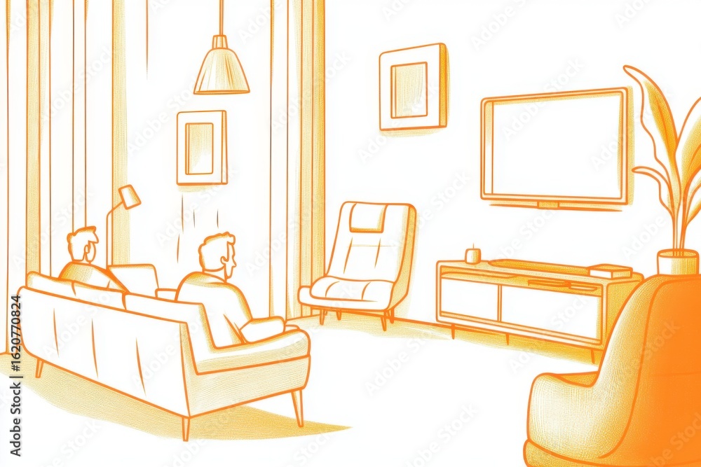 Fototapeta premium Cozy Living Room Illustration with Relaxed People in Modern Setting