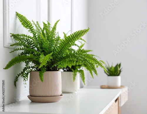 Potted ferns on a white shelf