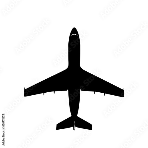 Flying aircraft silhouette icon representing aviation, travel, and transportation with business or cargo jetliner isolated on a white background