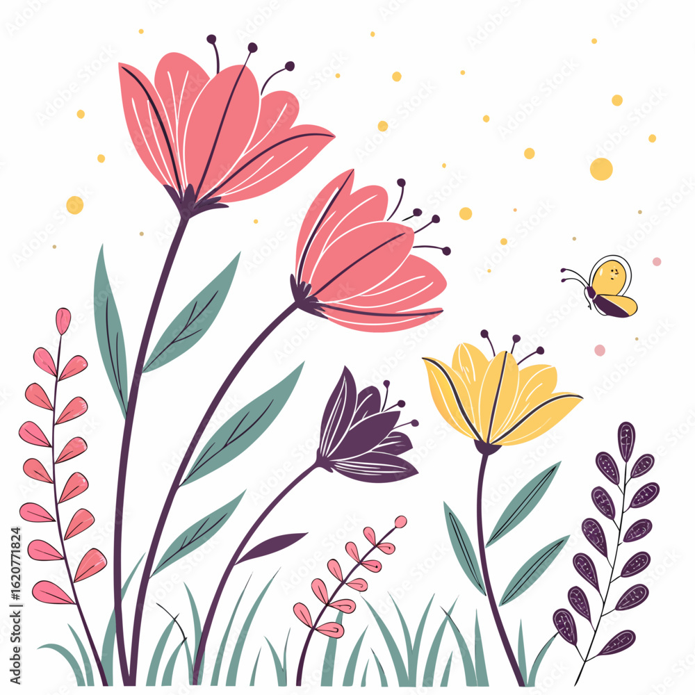 Fototapeta premium Whimsical spring garden with flowers and butterfly