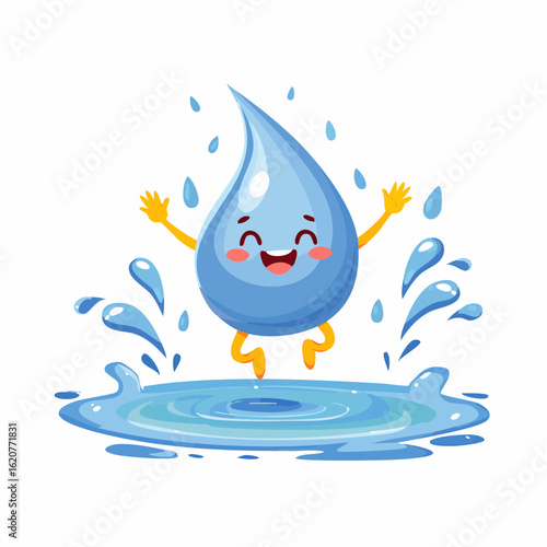 Joyful Water Droplet: A cheerful water droplet leaps and splashes into a puddle, radiating happiness and embodying the refreshing essence of water.