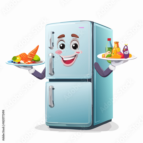 Happy Fridge: An animated refrigerator character joyfully presents plates laden with colorful food, emphasizing a cheerful celebration of fresh, healthy nourishment.