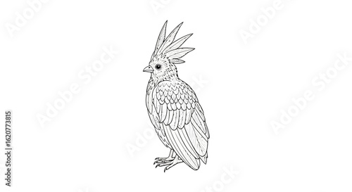 Detailed line drawing sketch of a cockatoo bird with a prominent crest, isolated on white background