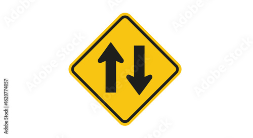 Yellow two way traffic sign indicates vehicles may be moving in either direction ahead on the road